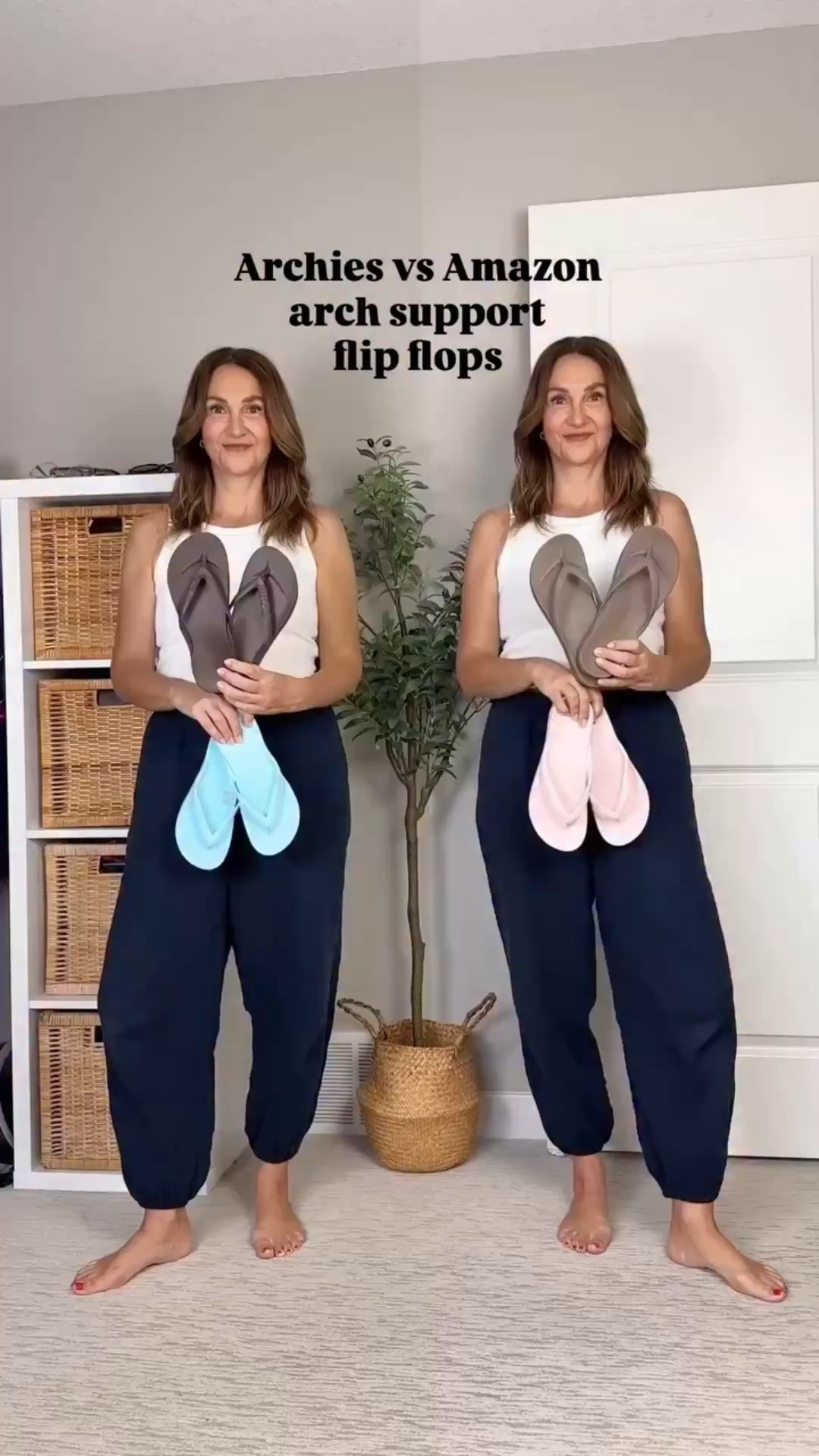 Arch support flip flops!
Archies fit a little snugger and come in more colors. I’m size 7.5 and got size 8 since the website recommended sizing up if between and the fit is perfect. 
The Amazon sandals are very similar but fit a little bigger. I’m wearing size 7.5-8 and they feel like 8.
Both have the same arch support but the Amazon pair come up a little higher around the sides of the foot and curve up at the front. 
Archies come in more colors and are more expensive.
The material feels exactly the same. 
I can’t link the Amazon pair here but they are saved under “shoes” on my Canadian and U.S. Amazon pages (linked in my IG bio) or comment “link” on my Instagram post.