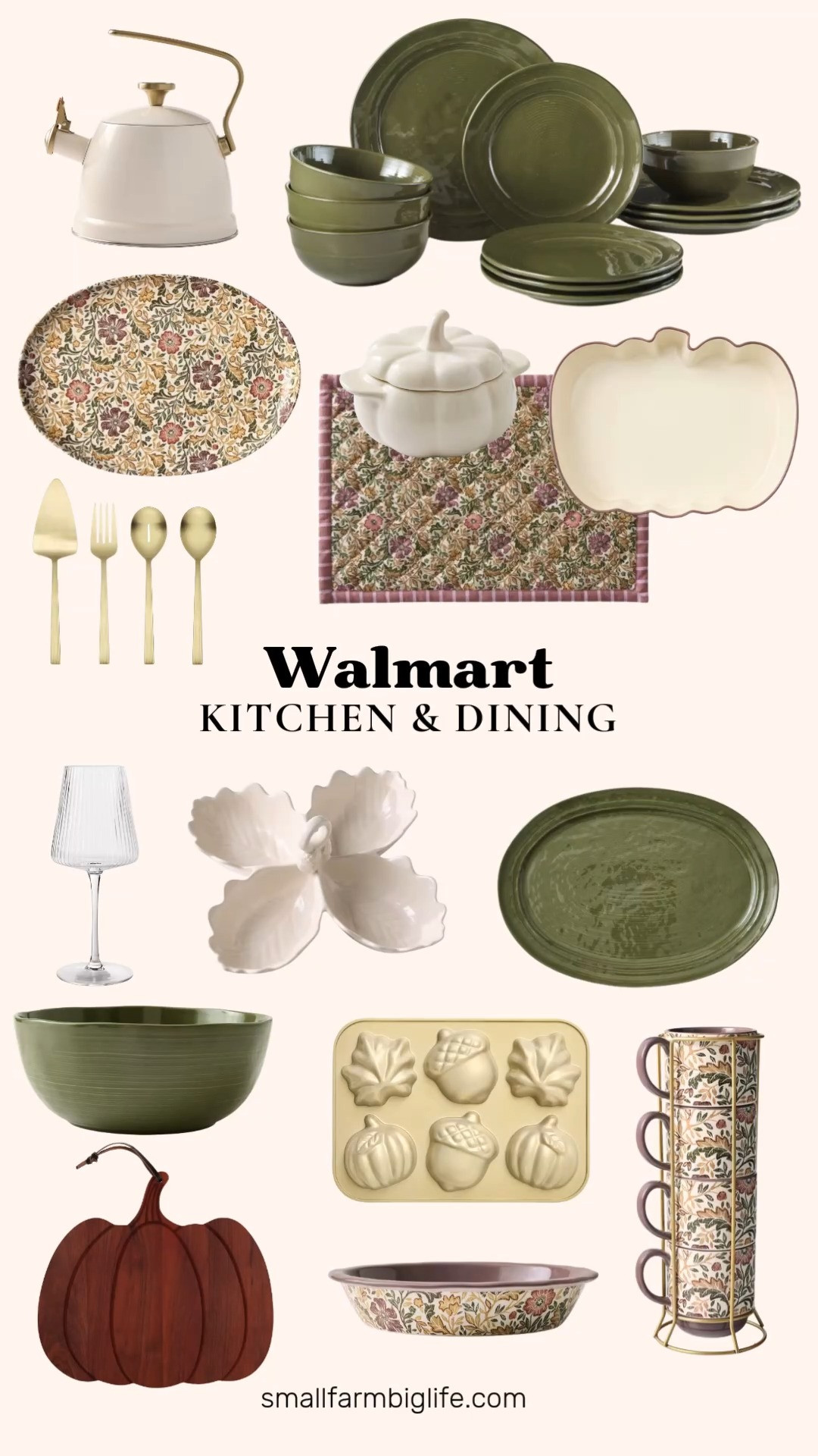 Walmart's fall kitchen and dining lineup is full of cozy, seasonal pieces to set a beautiful table this year. The Better Homes & Gardens Artisan stoneware dinnerware set in olive green is a gorgeous everyday base, and it pairs perfectly with the matching Artisan oval serving platter and round serving bowl for hosting.

For a fun seasonal touch, the cream figural pumpkin stoneware baking dish and the matching pumpkin cocotte with a lid are both as cute as they are functional, great for baking a side dish or serving individual portions. The My Texas House pumpkin shaped wood serving board is perfect for a cheese board or charcuterie spread.

The Edith Vine floral collection in tan, olive green, and purple brings a cohesive, vintage inspired look across the table, the place mats, oval serving platter, stacking mugs with a metal storage rack, and pie dish all coordinate beautifully together. Round out the table with the ribbed wine glasses, the River Gold stainless serving set, and the cream whistling tea kettle for a finishing touch. The fall shaped cake pan is a fun way to bake up a seasonal dessert too.

#walmart #walmarthome #falldecor #fallkitchen #walmartfinds 

 #LTKfoodie #LTKSeasonal #LTKHome