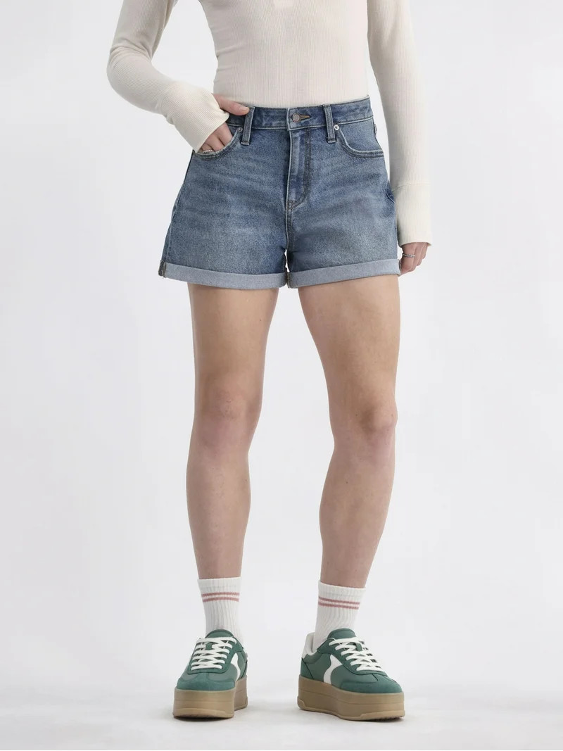 No Boundaries High Rise Denim Rolled Cuff Shorts, Women's | Walmart (US)