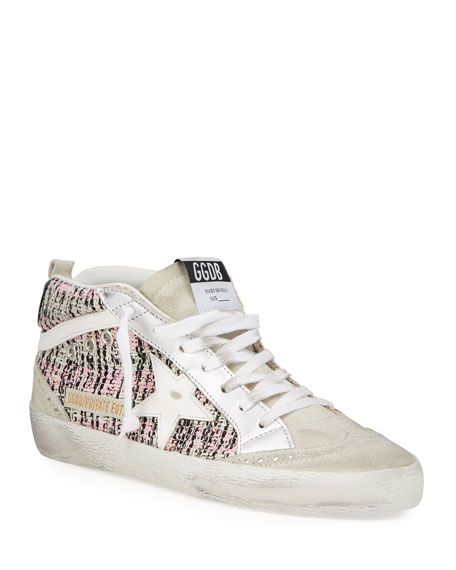 Golden Goose Star Boucle & Laminated Leather Mid-Top Sneakers | Neiman Marcus