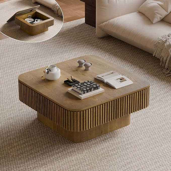 Square Small Coffee Table with Storage, Modern Wooden Coffee Table with Solid Wood Veneered, Flut... | Amazon (US)