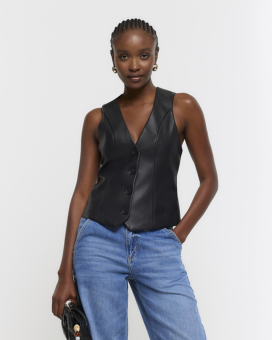 Black faux leather waistcoat | River Island (UK & IE)