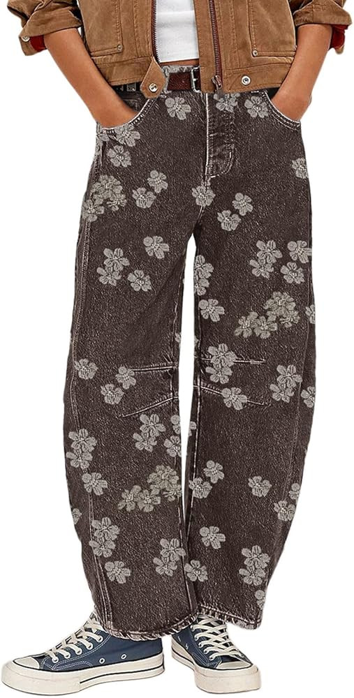 loveimgs Women Cute Y2k Baggy Wide Leg Barrel Jeans Floral Mid Rise Denim Pants Boyfriend Printed... | Amazon (US)