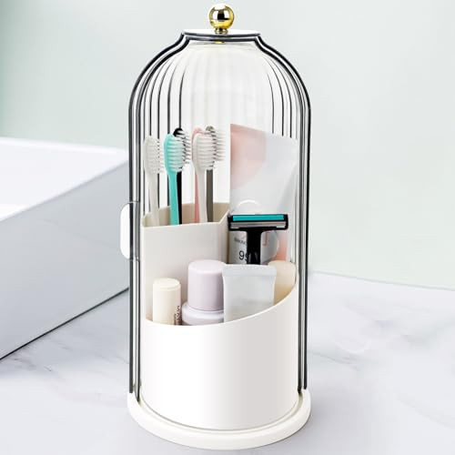 QIYVLOS Toothbrush Holders with Sliding Lid, Rotating 3 Slots Bathroom Organizer Countertop, Tooth Brush Toothpaste Holder Bathroom Counter Stand Sink Organizer Caddy for Vanity Makeup Brushes Holder | Amazon (US)