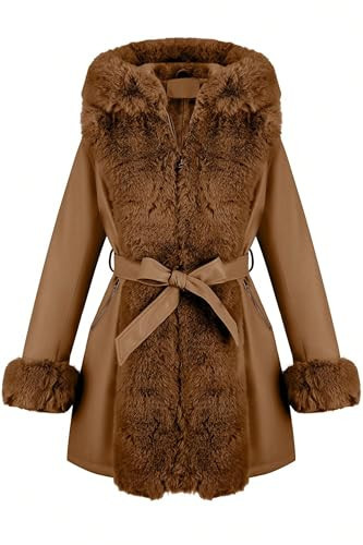 RISISSIDA Luxurious Fur Lined Faux Leather Jacket Women Winter Coat Hood Long Fur Collar Cuffs Zipper Up Pockets,Thick Warm Heavy Overcoat Belted Camel XXL | Amazon (US)