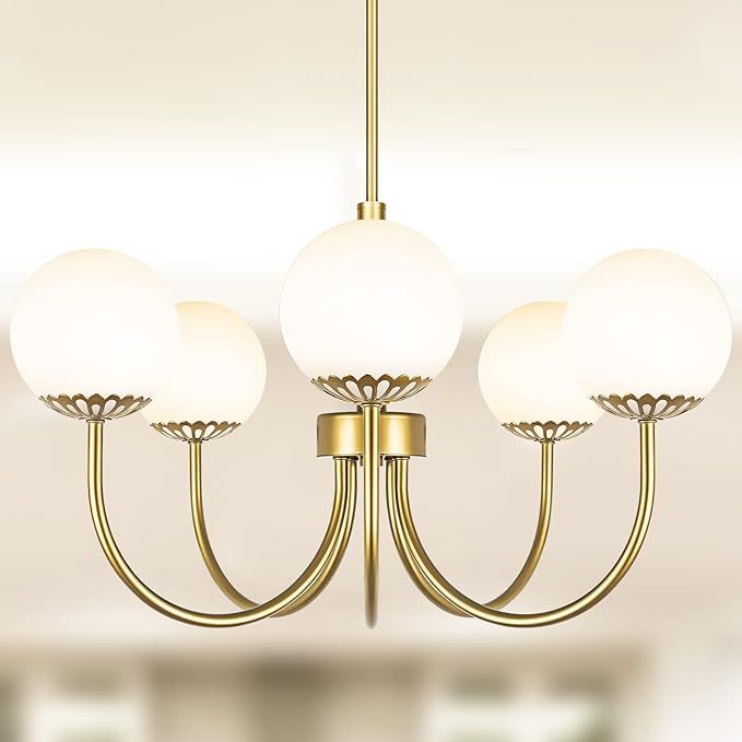 5-Light Gold Chandelier, Globe Modern Sputnik Light Fixture with Frosted Glass, Vintage Semi-Flus... | Amazon (US)