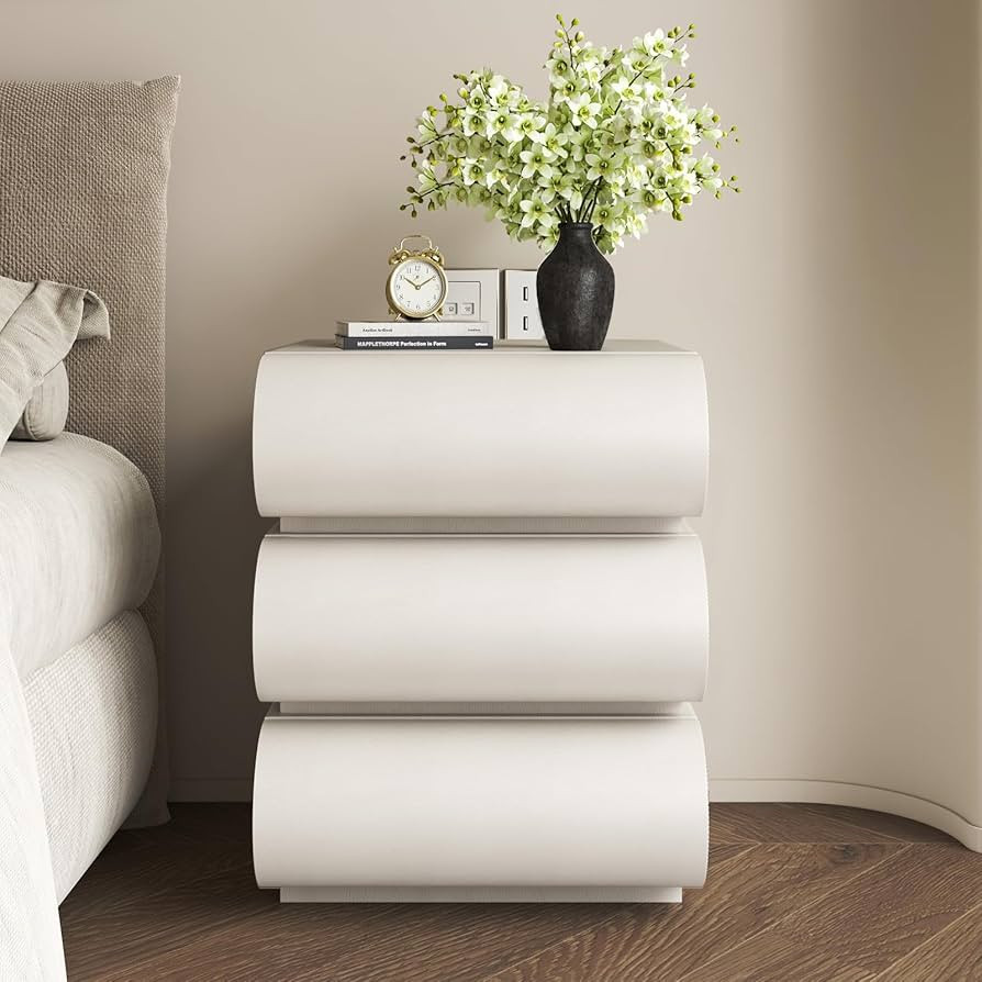 Modern Off White Nightstand with 3 Solid Wood Drawers - Leather Bedside Table for Bedroom/Living ... | Amazon (US)