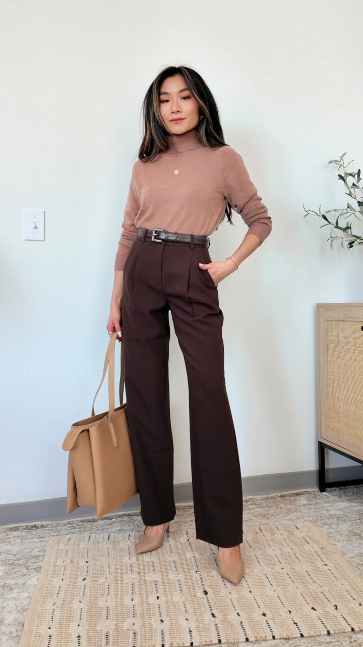 LTK FALL SALE 20% off these amazing fall brown trousers [23 Regular] 

▶  my measurements: 5’2” / 100 lbs / 32B / 00 bottoms 

Best affordable cashmere turtleneck [XS] worn in a work wear outfit for the office 

Love the strawberry and chocolate tones 

#LTKFallSale #LTKSeasonal #LTKSaleAlert
