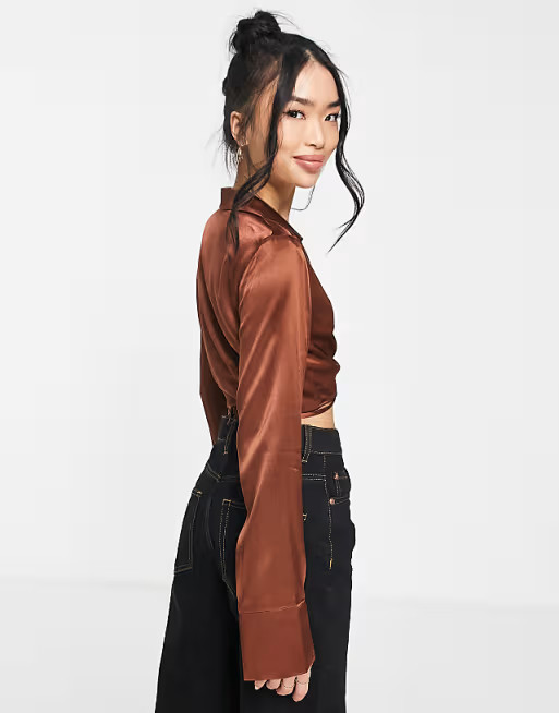 Pull&Bear long sleeved satin wraparound shirt in brown | ASOS (Global)