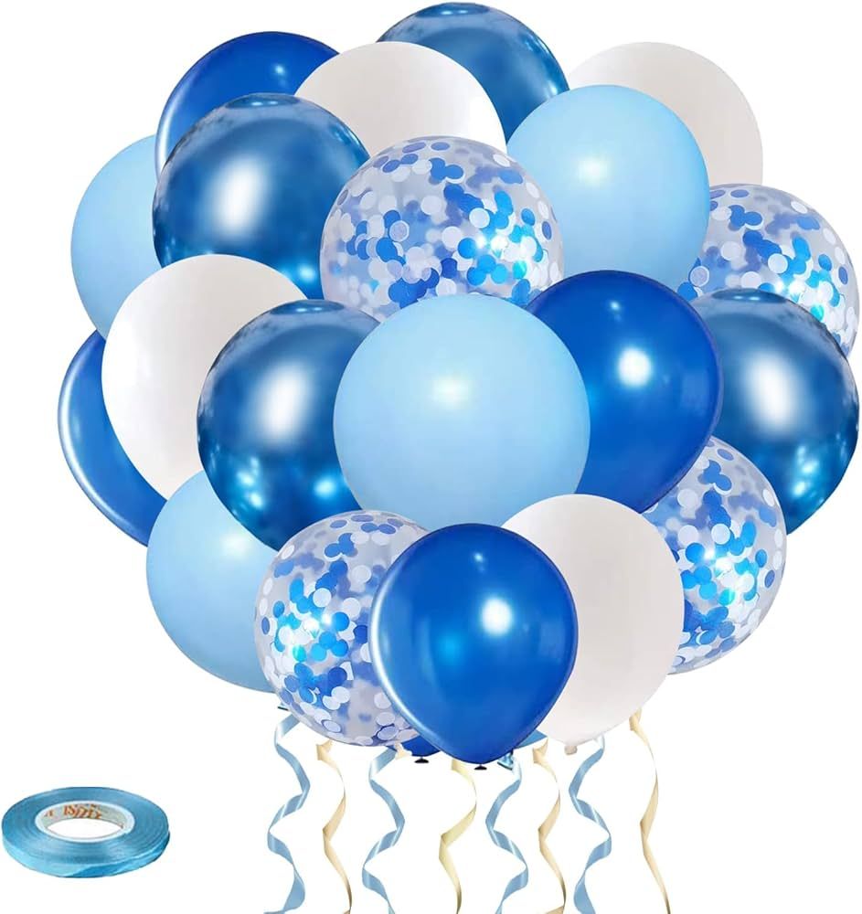 Royal Blue White Confetti Balloons, 60 pcs 12inch Light Blue Metallic Blue and Baby Blue Confetti... | Amazon (US)