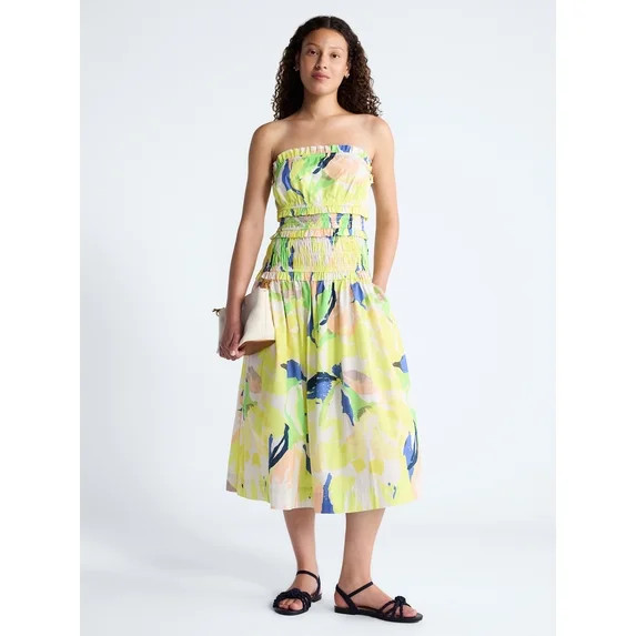 Free Assembly Women's and Women's Plus Strapless Cotton Poplin Tiered Midi Dress, Sizes XS-4X | Walmart (US)