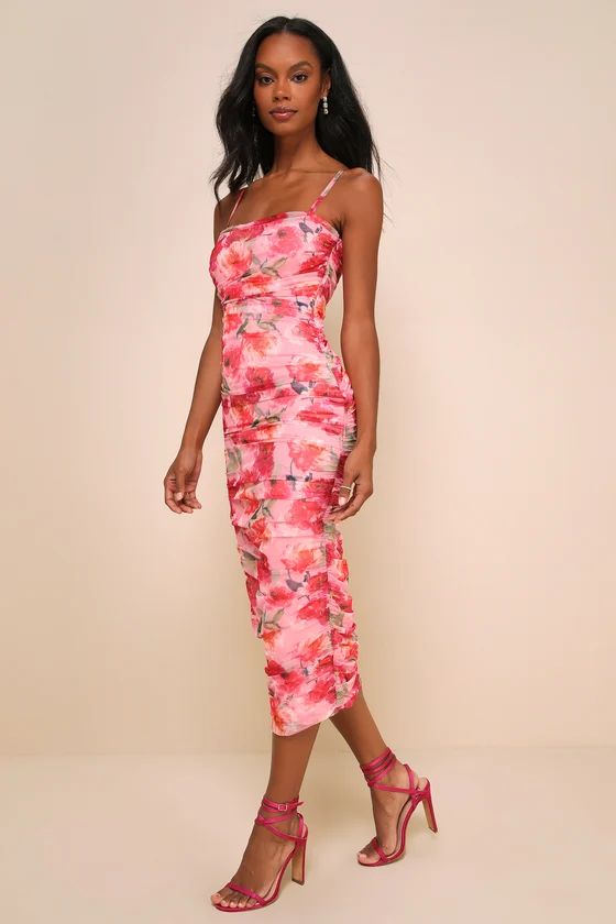 Blossoming Excellence Pink Floral Mesh Ruched Midi Dress | Lulus