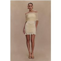 Caspian Slinky And Mesh Off Shoulder Mini Dress / Ivory | MESHKI | XXS | MESHKI US