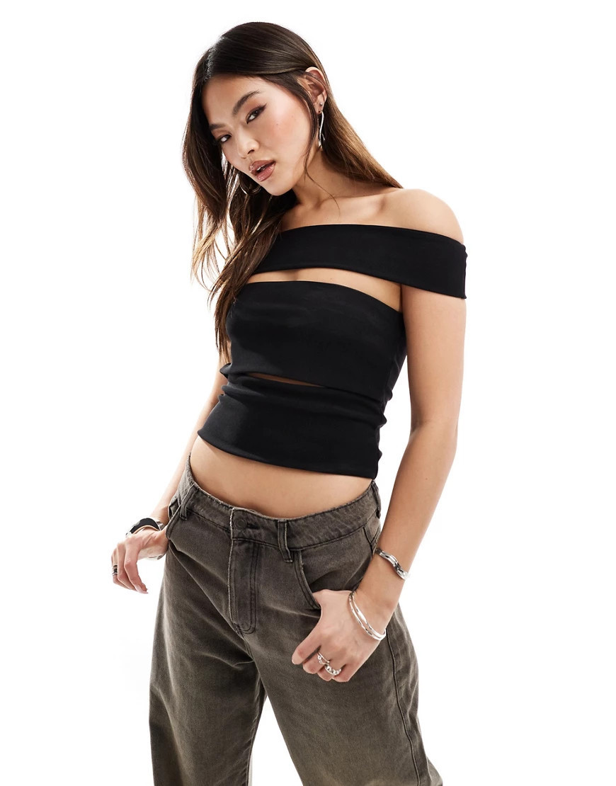 ASOS DESIGN bardot top with slash cut out detail in black | ASOS (Global)