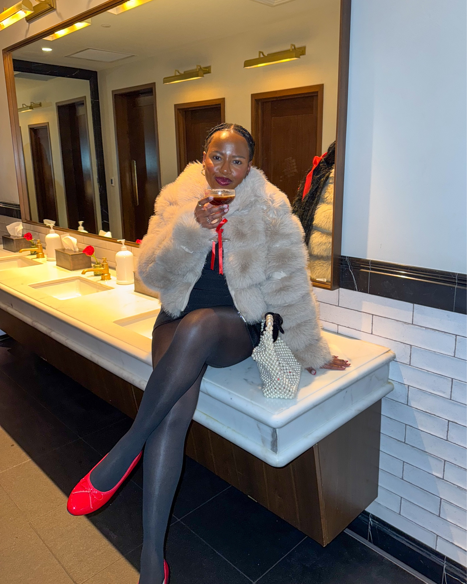 12 Days of Holiday Outfits 🎄🧸🛷🥂Day 11 - Had to pull out the fur for this one. Kept the base simple and added pops of red with the flats and hair bow. Would you wear this? 
.
.
.
.
.
Holiday outfit, holiday season, December, Christmas aesthetic, beautiful places, holiday decor, holiday sweater, Christmas sweater, style inspo, winter outfits, red sweater, black tight, December outfits

#LTKMidsize #LTKHoliday #LTKStyleTip