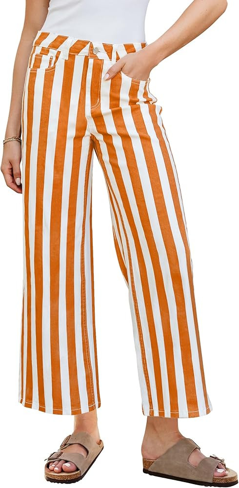 GRAPENT Women Jeans Striped Wide Leg High Waisted Trendy Stretchy Denim Pants Cute Casual Trouser... | Amazon (US)