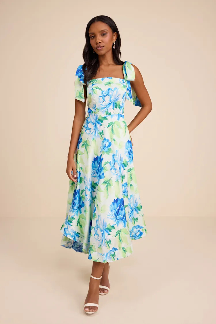 Fleurette Light Green Floral Tie-Strap Midi Dress | Lulus