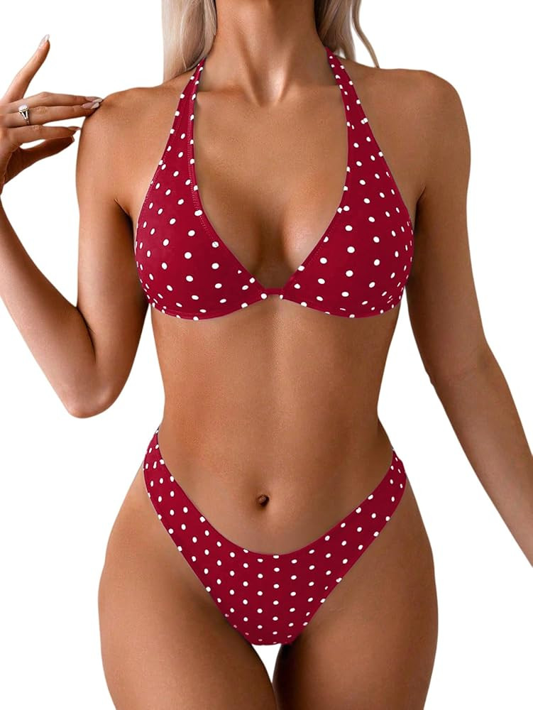 Fanuerg Women's Triangle Bikini Sets Halter String Two Piece Swimsuits High Cut Cheeky Bathing Su... | Amazon (US)