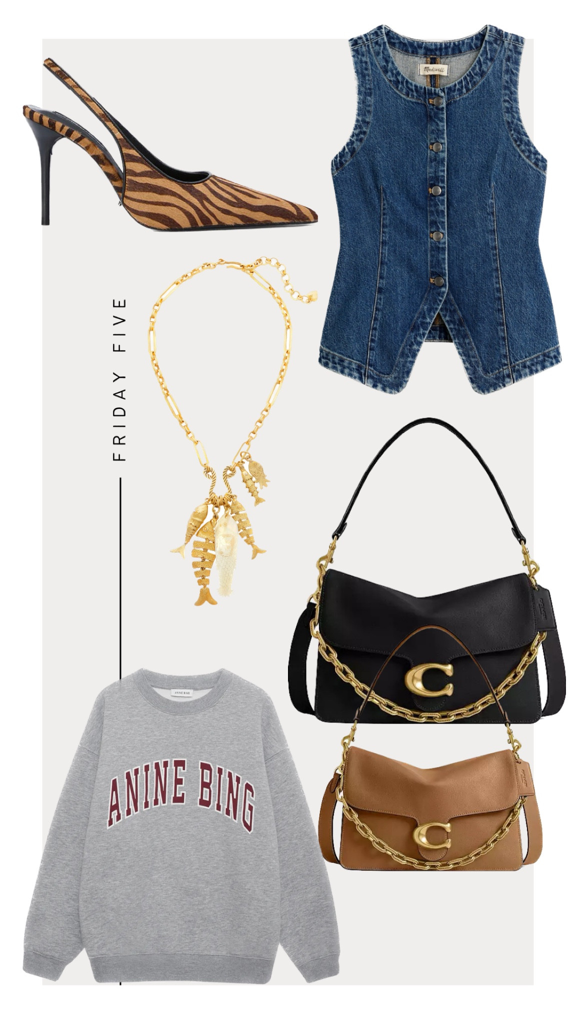 Friday Five: 2-21-25

1. Tony Bianco Ivy Brown Zebra Pumps
2 Madewell Crewneck Vest 
3. Blinker & Eliza Go Fish Necklace
4. Anine Bing Sweatshirt 
5. Coach Tabby with Chain 

#LTKStyleTip #LTKShoeCrush #LTKItBag