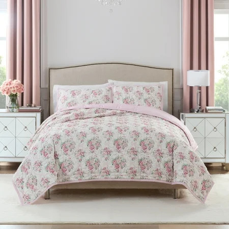 Paris Hilton Coquette Blush Pink Floral Quilt Set, King, Reversible 3-Piece Bedding, Lightweight | Walmart (US)