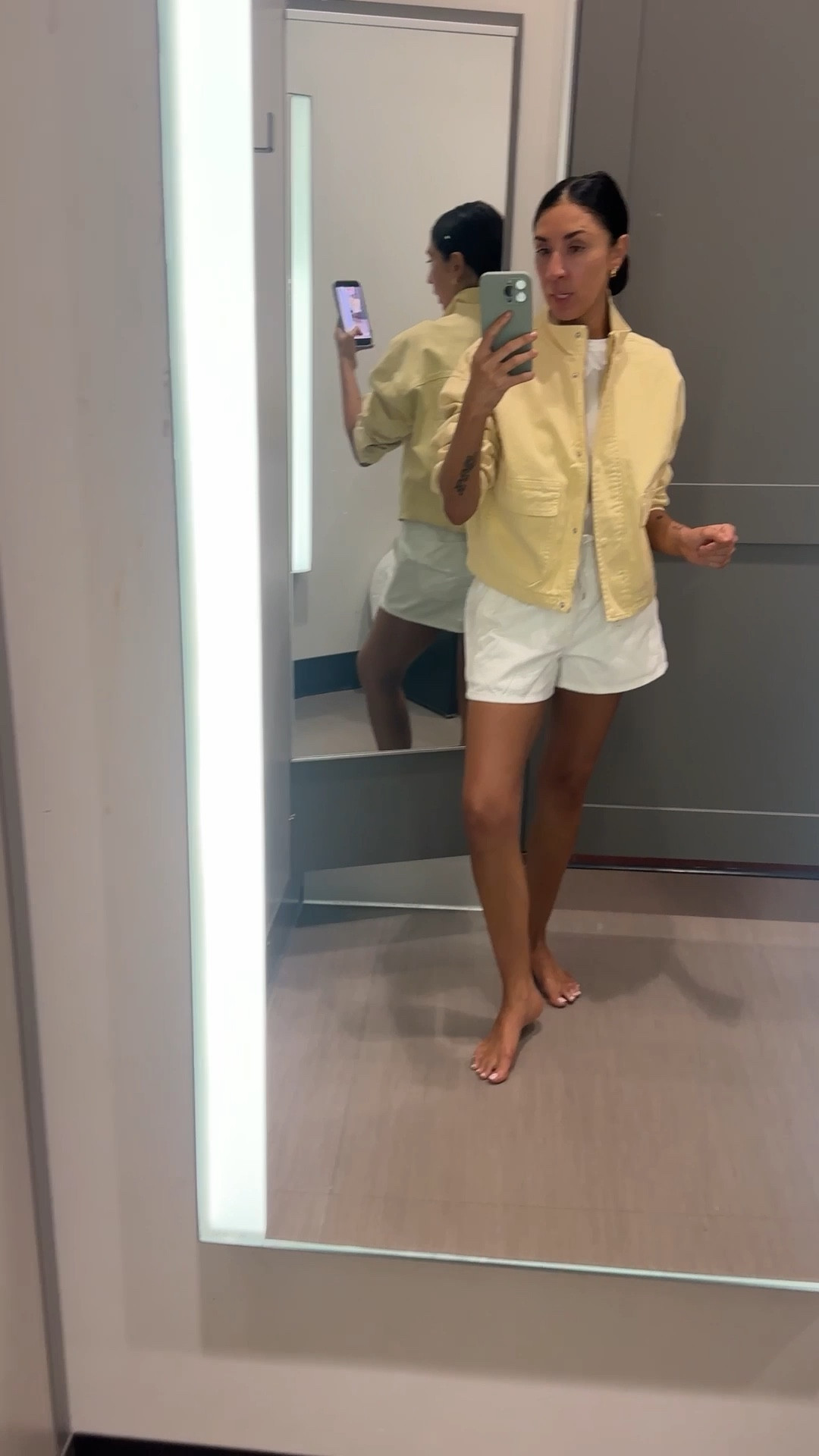Lucked out with this buttery yellow military jacket from Target. The color is such a soft spring yellow that doesn’t wash you out, and the material feels more elevated than the price. Zipped up, it has great structure without feeling stiff.

I’d style it with white denim, jeans, a long skirt, or a different style short. Such a fun spring layer.

And the tee. You know I’m a t shirt snob. This one is $8 and feels like it should be $30. Cotton with stretch, flattering but not clingy. I’m in a small, true to size with room. An easy staple.
