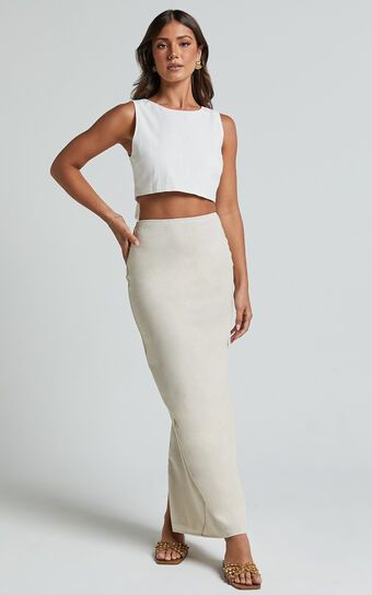 Vance Maxi Skirt - Linen Look Back Split Skirt in Oat | Showpo (US, UK & Europe)