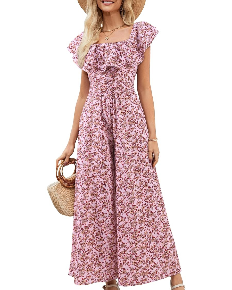 Gardenwed Women's Floral Wide Leg Jumpsuit, Ruffle Short Sleeve Square Neck Summer Casual Palazzo... | Amazon (US)