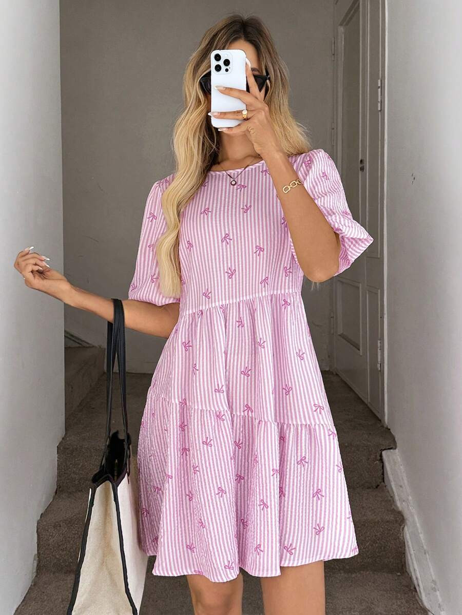 Easowa Summer Romantic Casual Pink Stripe & Butterfly Print Doll Dress For Women   Women Clothing... | SHEIN