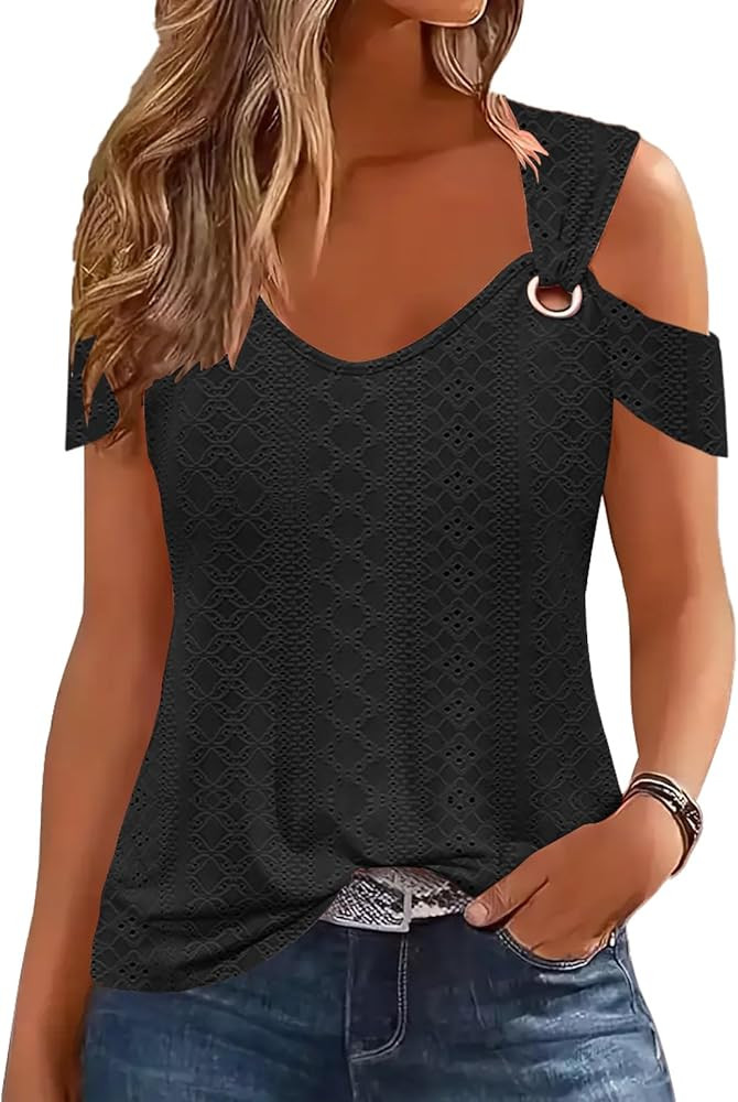 Women's Summer Tops Cold Shoulder Tops 2024 Fashion Sexy Casual Top Short Sleeve Basic Tees Blous... | Amazon (US)