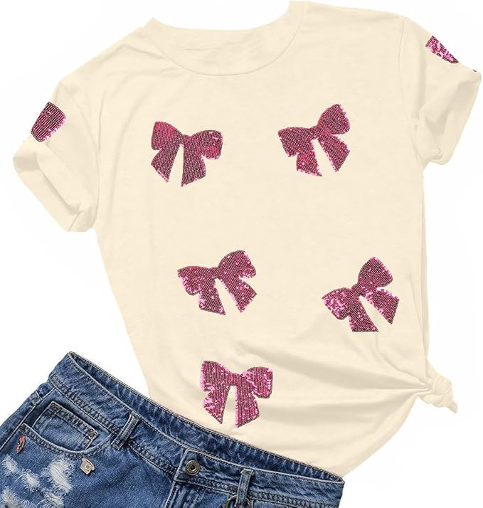 Womens Bow Shirt Coquette Aesthetic Shirts Cute Sequin Graphic Tees Trendy Pink Bow Ribbon Short ... | Amazon (US)