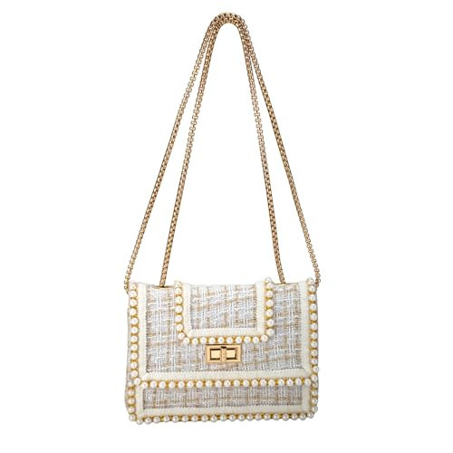 KERYHEBN Crossbody Bag Clutch for Women Small Handbag Vintage Tweed Pearl Chain Purse Evening Satchel Shoulder Bag Cross body (white2) | Amazon (US)