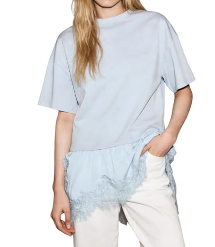 Women Oversized Lace Patchwork Top Asymmetric Ruffle Hem Crew Neck Short Sleeve T Shirt Summer Casual Tee Streetwear | Amazon (US)