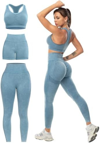 3 Piece Workout Sets for Women Butt Lifting Leggings with High Impact Sports Bra Gym Shorts | Amazon (US)