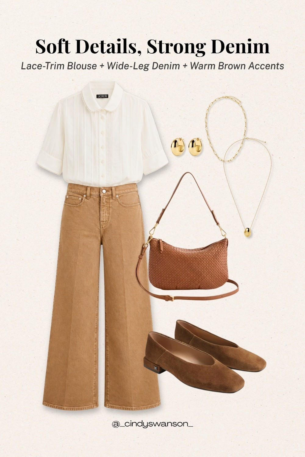 These wide-leg jeans in a warm camel wash are such a versatile alternative to everyday blue denim. I paired them with a soft lace-trim blouse, suede flats, and rich brown accessories for a polished look that still feels relaxed and easy to wear.

💡 LTK MADE EASY
❤️ Heart = Support my posts!
🔖 Save = Get sale & restock alerts
📋 Lists = Keep favorites organized
📲 Share = Send lists and products to a friend. Hello, Christmas List!
💬 Comment = Ask me anything about what I’m wearing.:-)

#LTKootd #LTKOver40 #LTKWorkwear