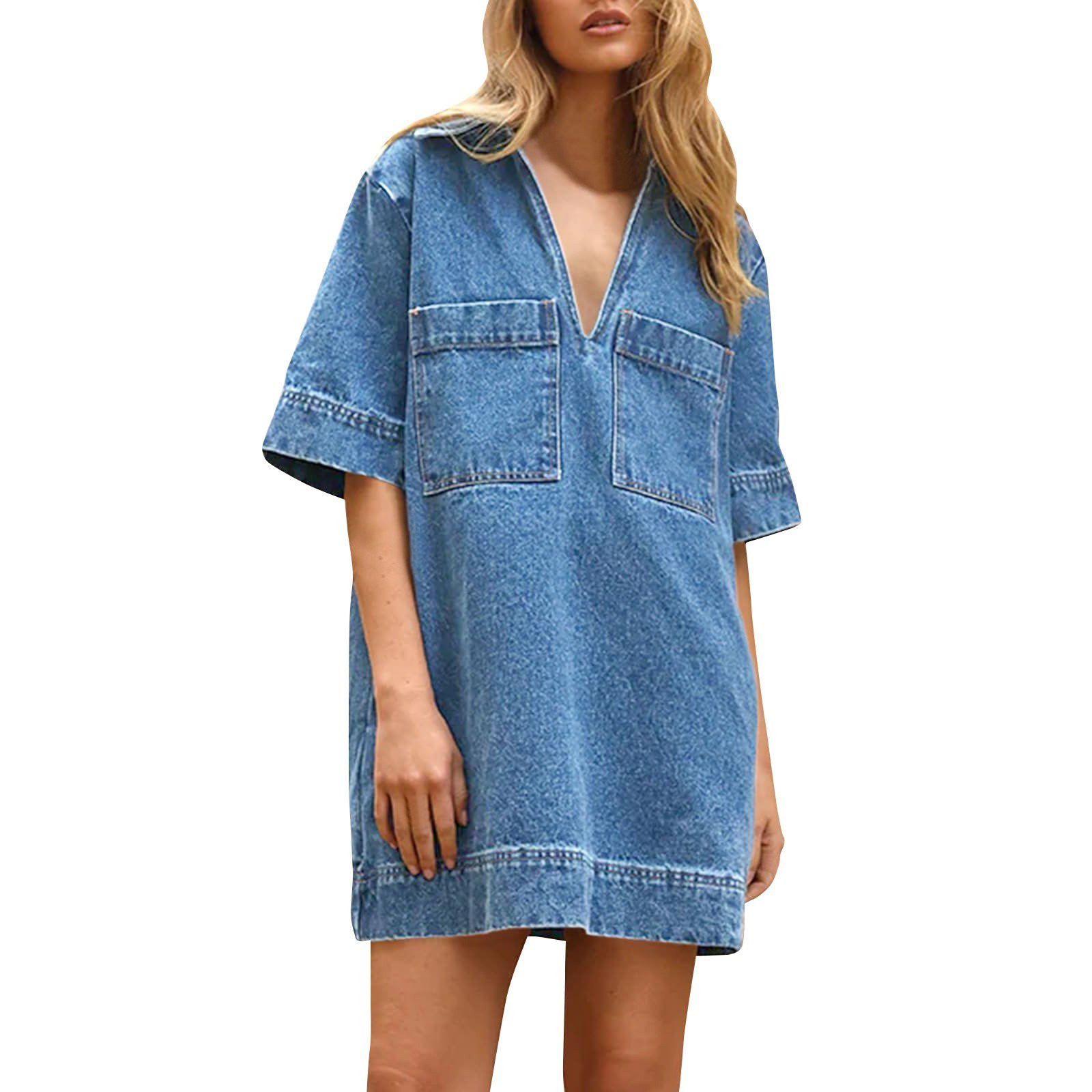 Huresd Womens Denim Shirt Dress Summer Collared V Neck Mini Casual Jean Dresses with Pockets Blue... | Walmart (US)