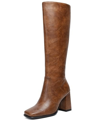 HEIFIN Brown Knee High Boots Women Tall Boots with Chunky Heel Leathe Boots Square Toe Long Boots Side Zipper | Amazon (US)