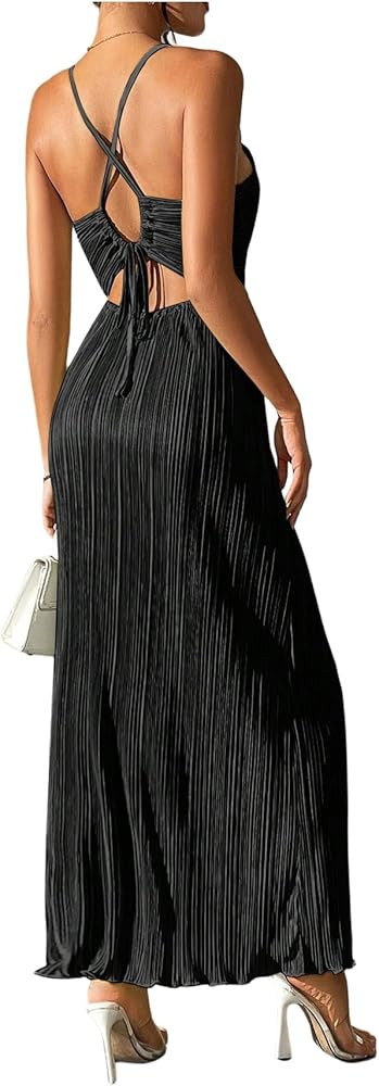 OYOANGLE Women's Summer Textured V Neck Sundress Tie Back Spaghetti Strap Pleated A Line Beach Long Maxi Party Dress | Amazon (US)