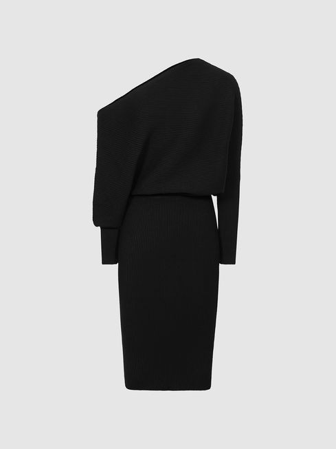 Reiss Black Lara Off-The-Shoulder Ribbed Midi Dress | Reiss US
