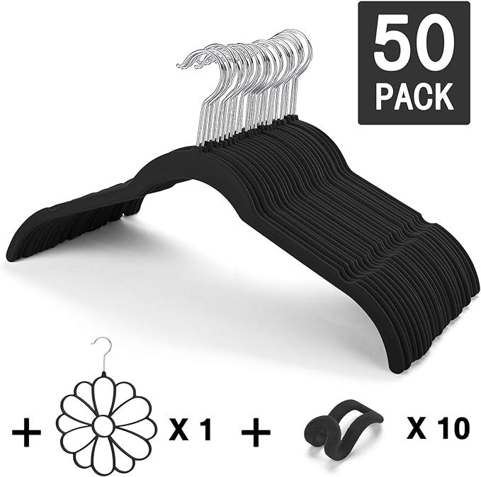 HOUSE DAY Black Velvet Shirt Hangers 50 Pack Non Slip Felt Hangers Included Space Saving Flocked ... | Amazon (US)