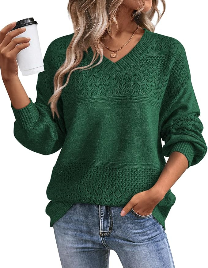 ATHMILE Sweaters for Women Fall Outfits Oversized Long Sleeve V Neck Crochet Sweaters Lightweight... | Amazon (US)