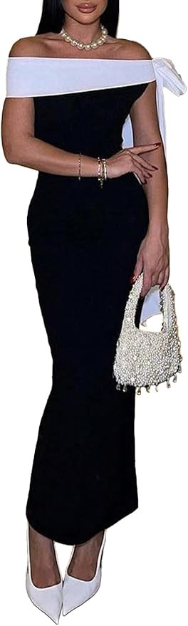 Women Sexy Tight-Slit Back Knit Maxi Dress Elegant Black and White Splicing Off-Shoulder Cocktail... | Amazon (US)
