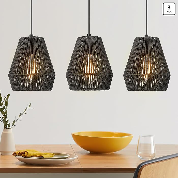 Modern Woven Pendant Light Fixtures, 7" Farmhouse Coastal Hanging Lamp, Matte Black Handwoven Rat... | Amazon (US)