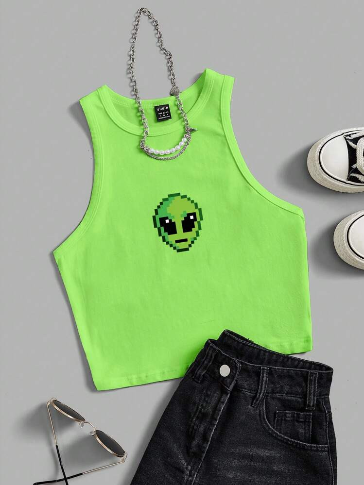 SHEIN EZwear Casual Minimalist Alien Graphic Round Neck Slim Fit Women Tank Top, Suitable For Sum... | SHEIN