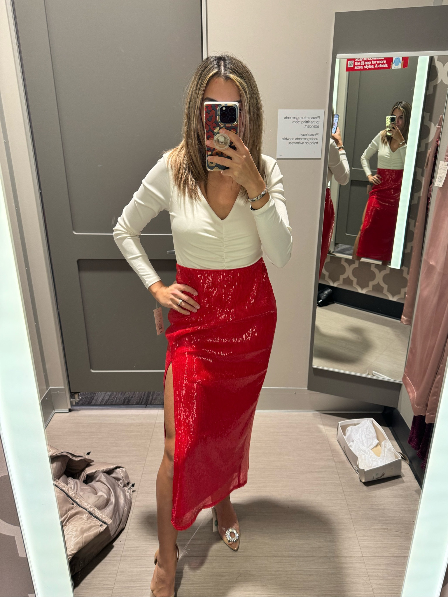 Target Holiday Outfit White Bodysuit, Red Sequin Midi Skirt and Sparkle heels 

#LTKSeasonal #LTKfindsunder50 #LTKHoliday