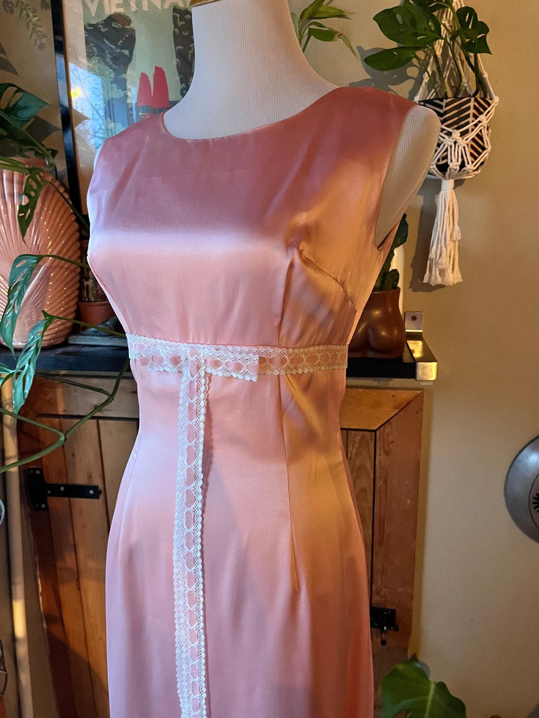 Vintage 60s Bubblegum Pink Satin Gown / Retro 1960s Baby Pink Lace Ribbon Empire Waist Full Lengt... | Etsy (US)