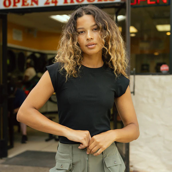 Cap Sleeve Ribbed Tee, Black | Albion Fit