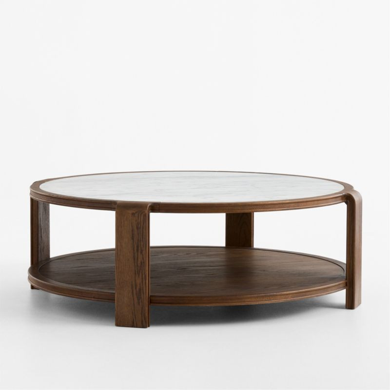 Edgeworth Brown Oak Wood and Carrara Marble 49" Round Coffee Table | Crate & Barrel