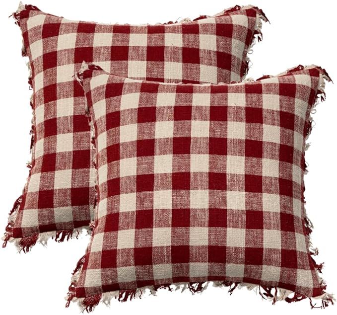 STITCH N STRING Set of 2 Farmhouse Cotton Linen Boho Gingham Fringe Checkered Plaid Throw Pillow ... | Amazon (US)