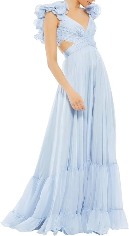 Lawrncedw Chiffon Ruffle Prom Dresses for Women V Neck Long Bridesmaid Dresses Backless Formal Ev... | Amazon (US)
