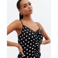 Black Spot Satin Ruched Ruffle Strappy Mini Dress New Look | New Look (UK)